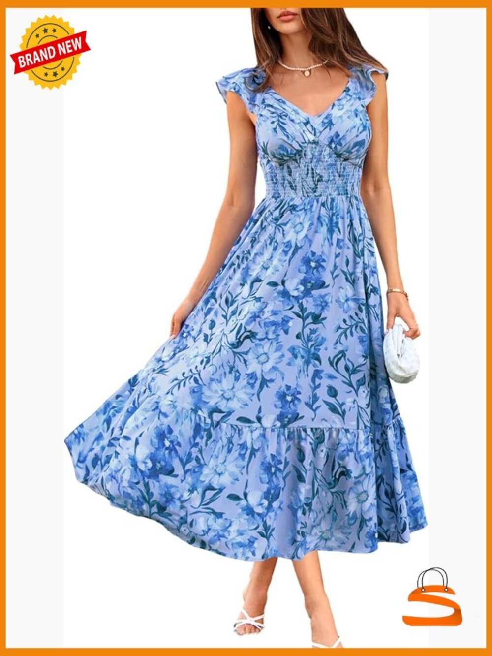 Women's Floral Maxi Dress Ruffle Sleeve Smocked Sundress Wedding Guest with